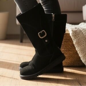 UGG black boots, size 7, lamb skin lined, inner zippers, and buckle on o…